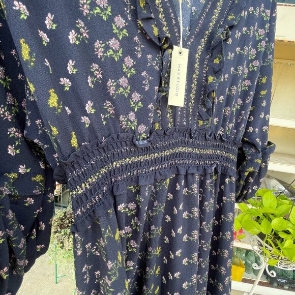 NWT Women's Large MAX STUDIO Navy Floral V-neck Empire Waist Tiered Midi Dress - Picture 11 of 16